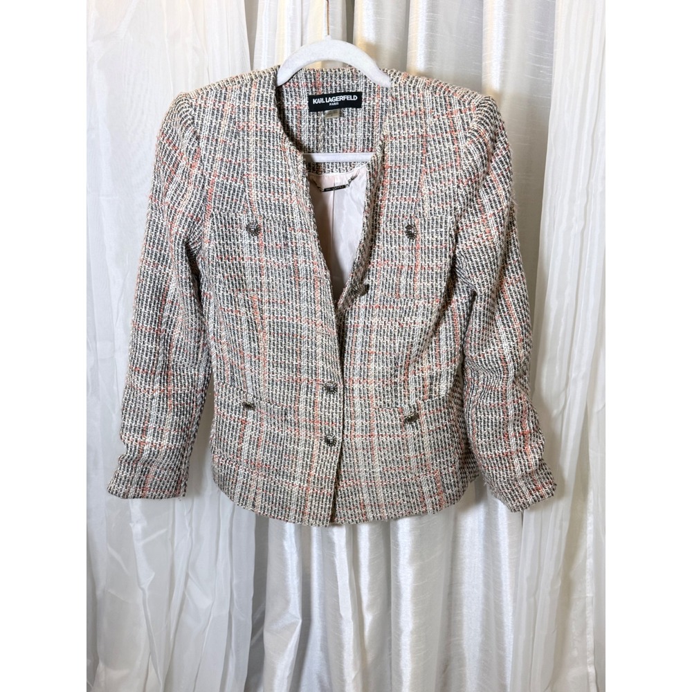 Karl Lagerfeld Paris Tweed Blazer Womens 2 Multi Color Metallic Button Jacket